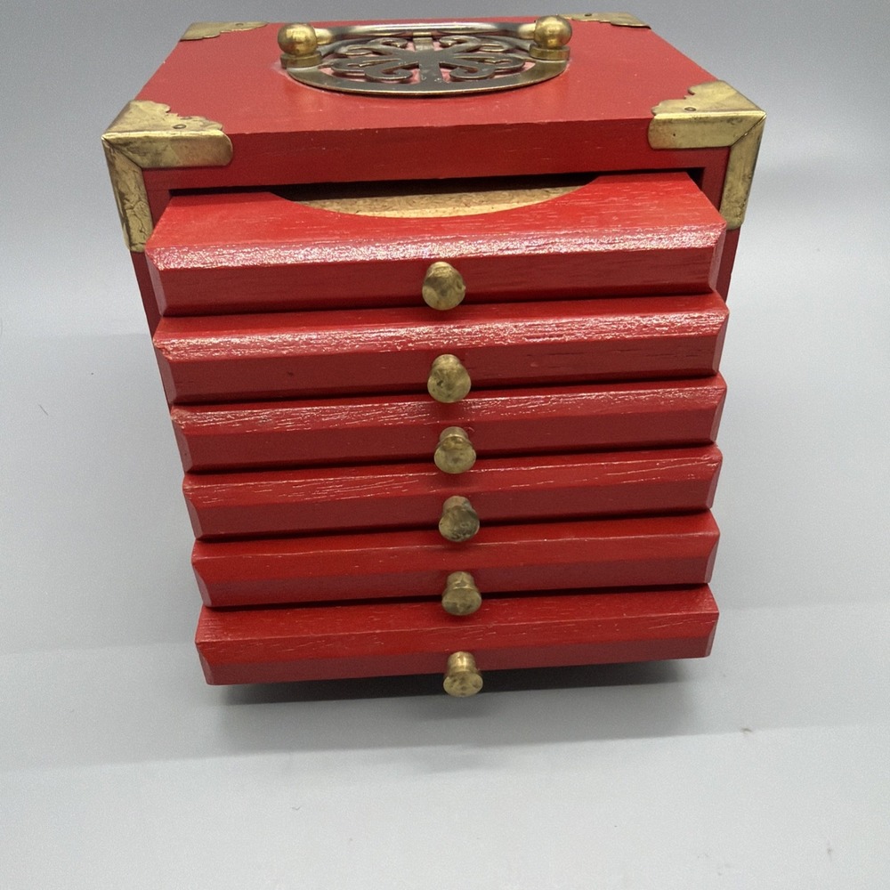 Vintage Chinoiserie Red Wood And Brass Beverage Coaster Set Of Six In Case Japan